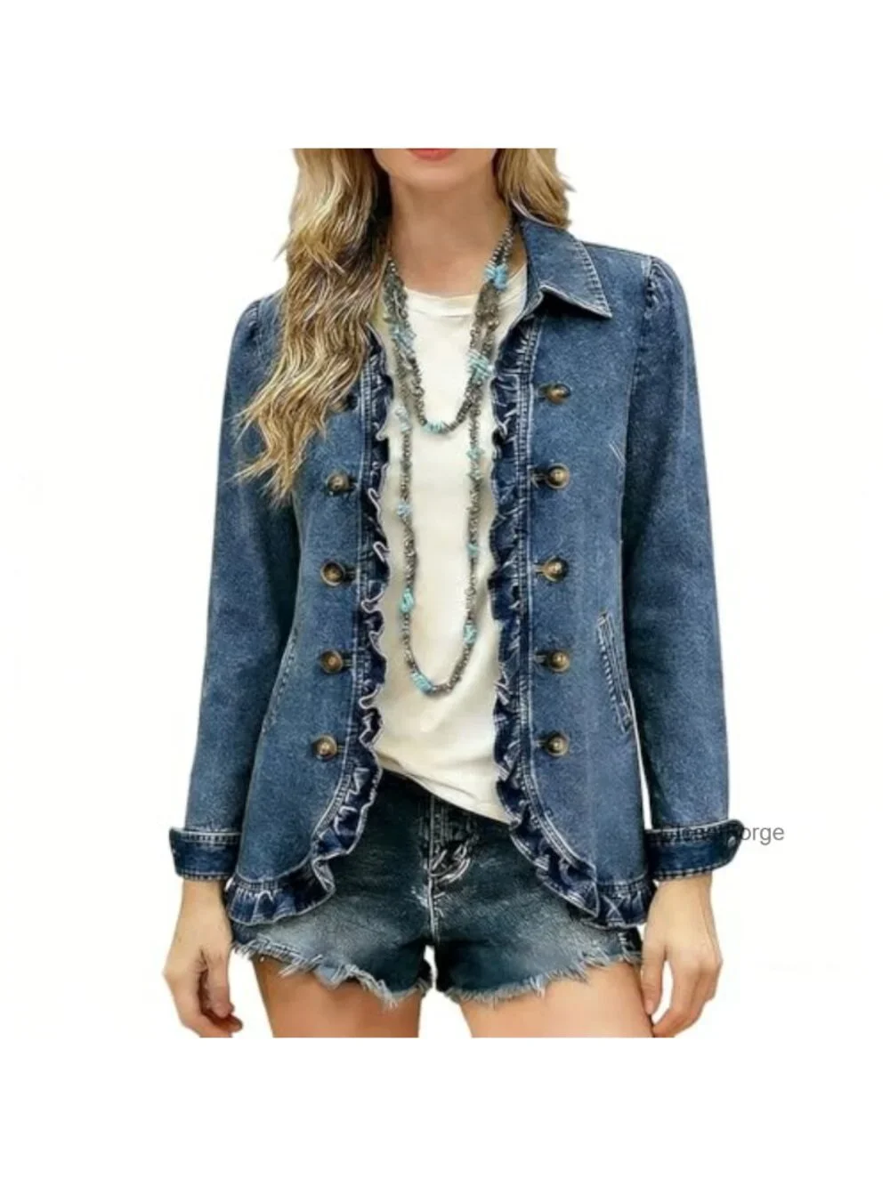 Ruffle Trim Double Breasted Long Sleeve Denim Jacket | Pure Cotton, Side Pockets